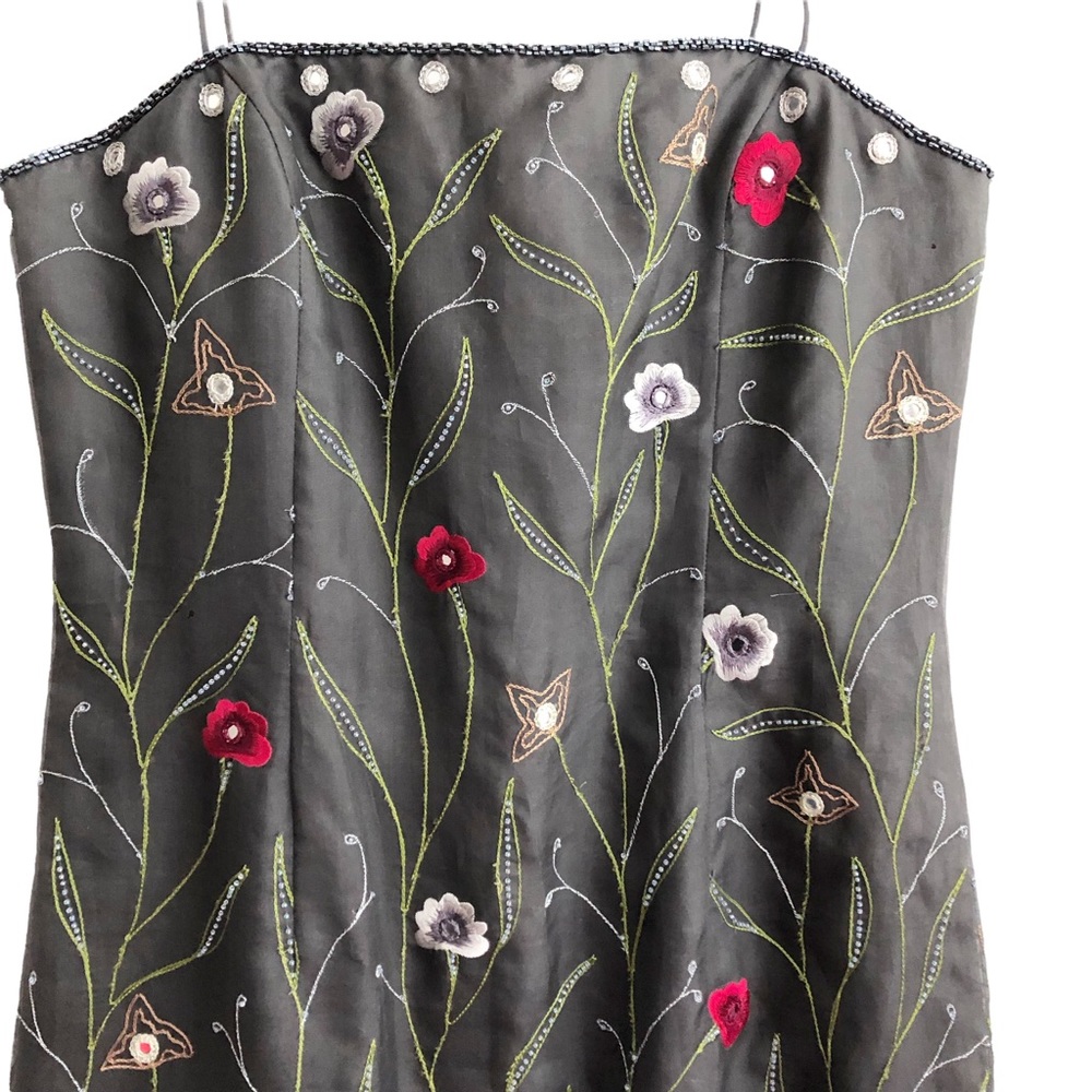 Chetta B Gray Silk Floral Embroidered Beaded Dress 12 EPC